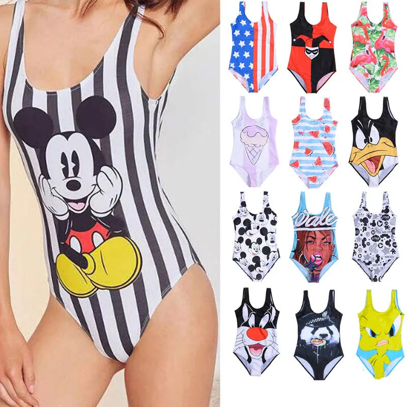 Девушка бикини Для женщин Одна деталь купальника 3D принт мультфильм ремень