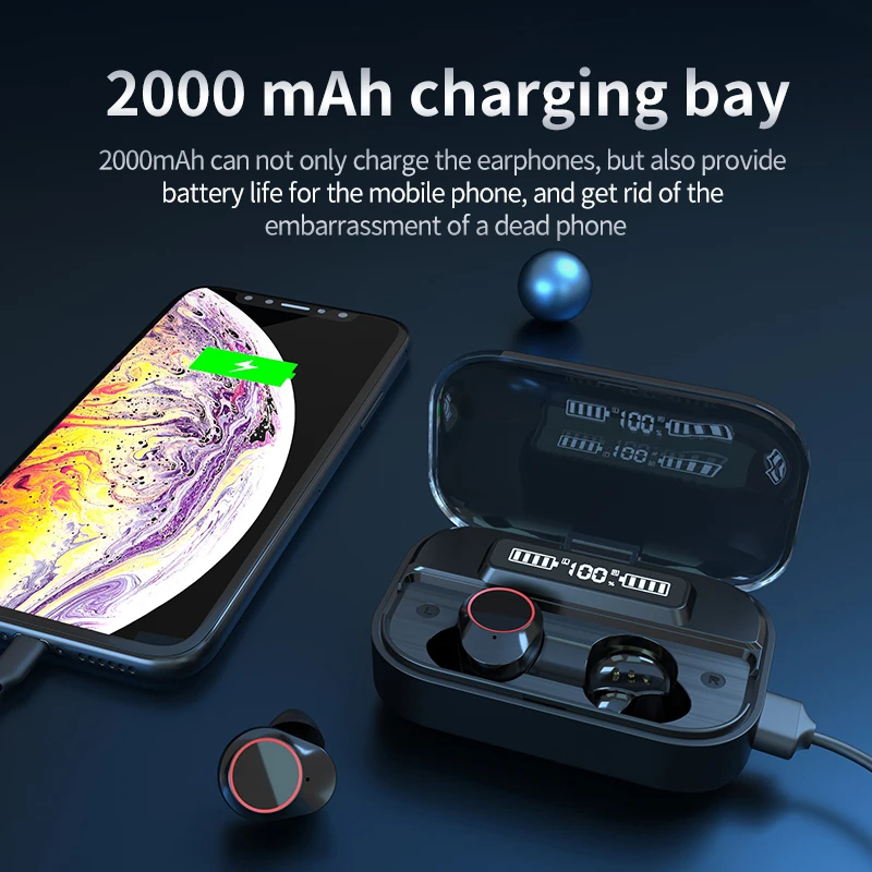 TWS Bluetooth Earphones 5.0 9D Stereo Wireless Headphones Waterproof Sport With 2000mAh Power Bank HIFI Sound Earbuds Headset |