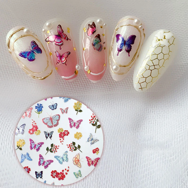 

3D Laser Butterfly Nail Stickers Gradient Colorful Butterfly Rose Hydrangea Nail Sliders Decal Nails Decoration Manicure Tools