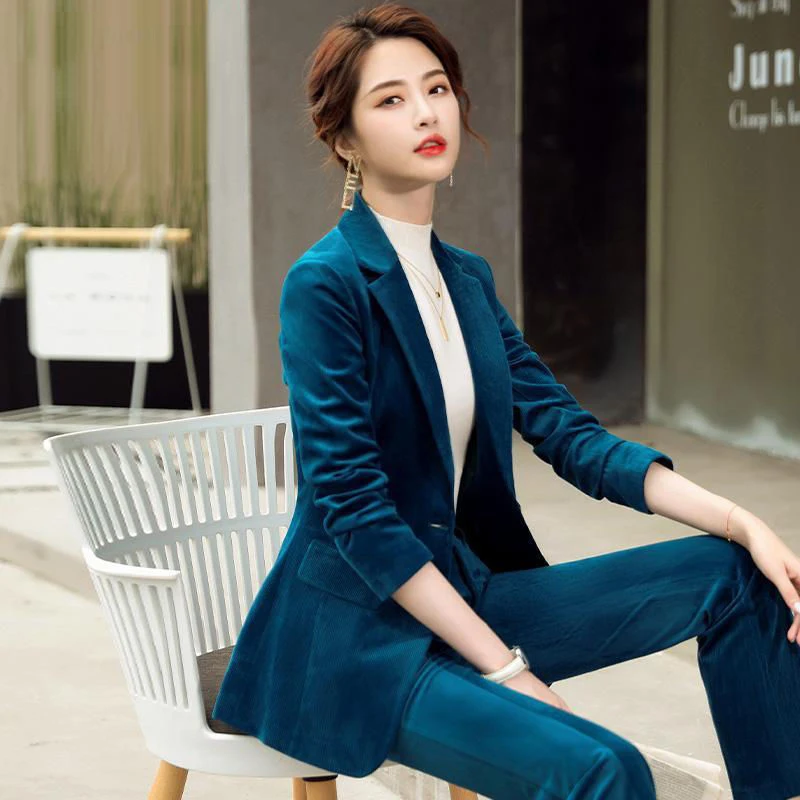 

Women 2021 Autumn Winter Vintage Corduroy Blazer Suit Female 2 Pieces Set Single Button Jacket & Long Pant Lady Blazer Set A238