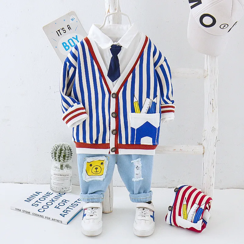 

Весенне-осенний комплект одежды для маленьких мальчиков, комплекты одежды для детей детская одежда с героями мультфильмов пальто в полоску...