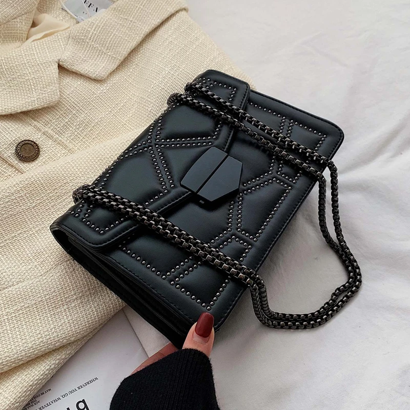 

Rivet Chain Brand Designer PU Leather Crossbody Bags For Women 2021 Simple Fashion Shoulder Bag Lady Luxury Small Handbags