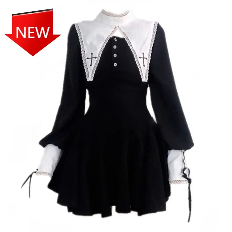 

Женское Плиссированное мини-платье, черно-белое платье в стиле японского каваи, эмо, альт, с перекрестной шнуровкой