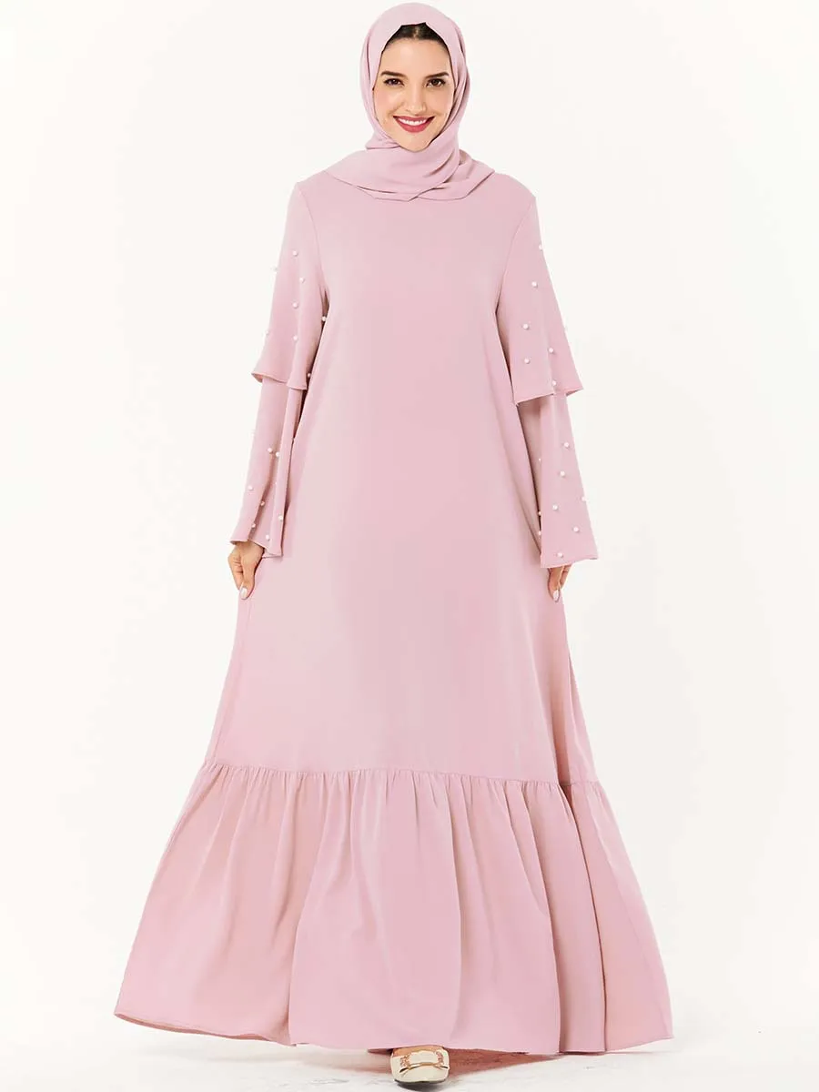 Платье Abaya женское с оборками и жемчугом мусульманский свободный рукав турецкий