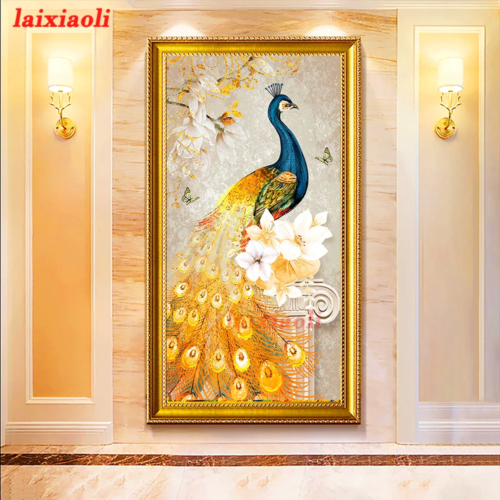 

large DIY Diamond Mosaic Golden peacock animal full Round Drill square Diamond Painting Cross Stitch Kit 5D Embroidery Decor
