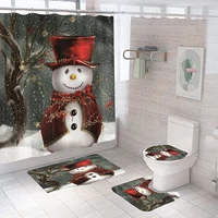 Fashion Snowman Bathroom Curtains Snow Scene Pedestal Rug Lid Toilet Cover Bath Mat Merry Christmas Shower Curtain with Hooks