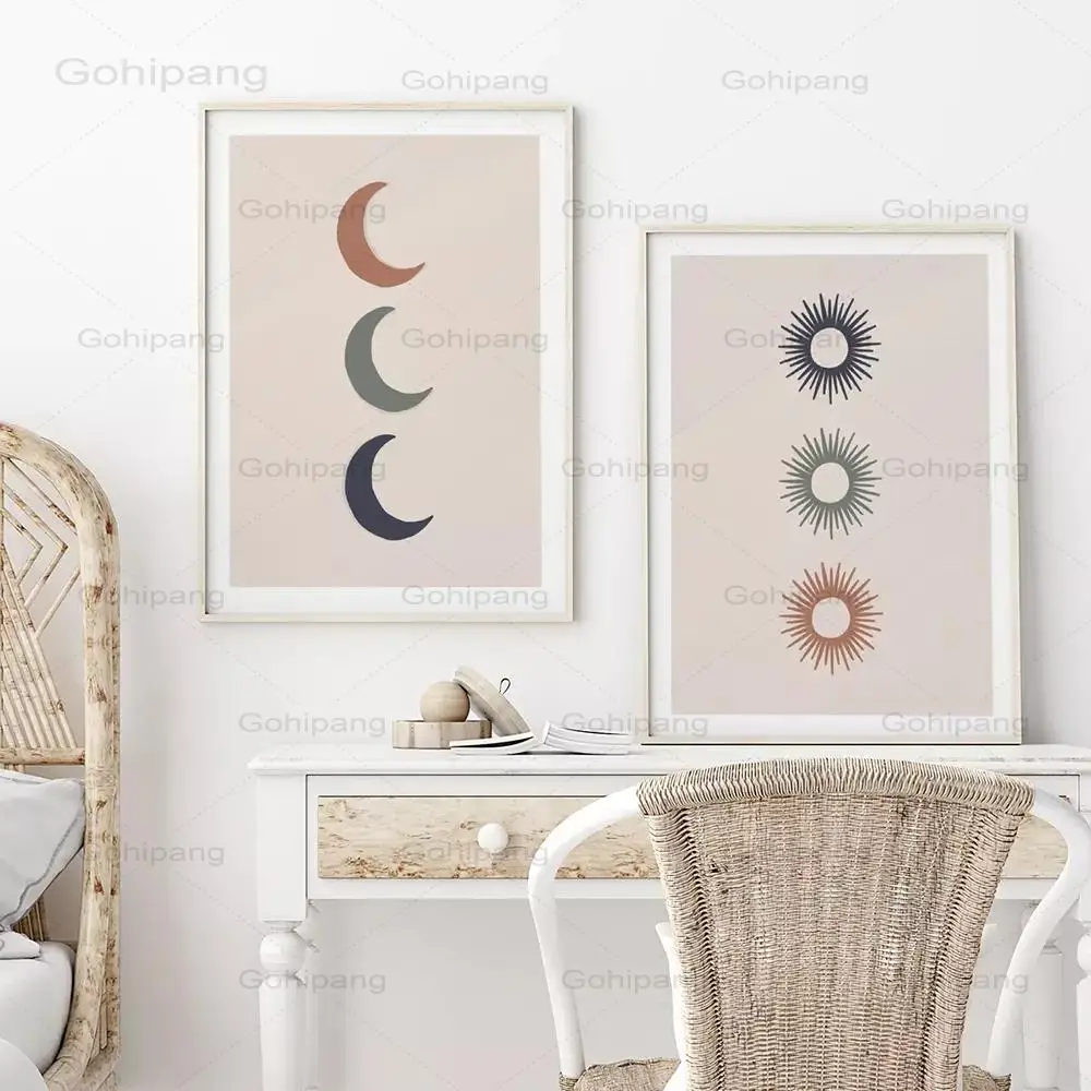 Sun and Moon Canvas Painting Nordic Poster Abstract Triple Boho Wall Art Prints for Bed Room Home Decor Wall Pictures No Frame