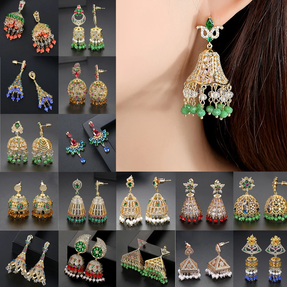 

Indian Jhumka Bollywood Ethnic Gypsy Jhumki Crystal Beads Tassel Bells Drop Dangle Earrings Bridal Wedding Party Jewelry Zircon
