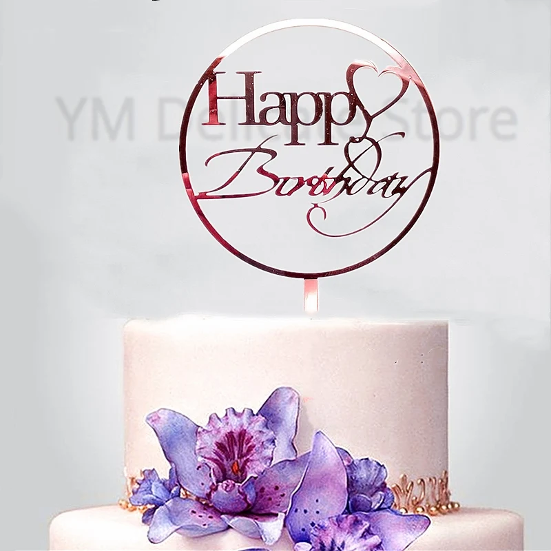 INS Creativity Round Happy Birthday Cake Topper Golden Love Acrylic Toppers For Baby Shower Cakes Decoration Gifts | Дом и сад