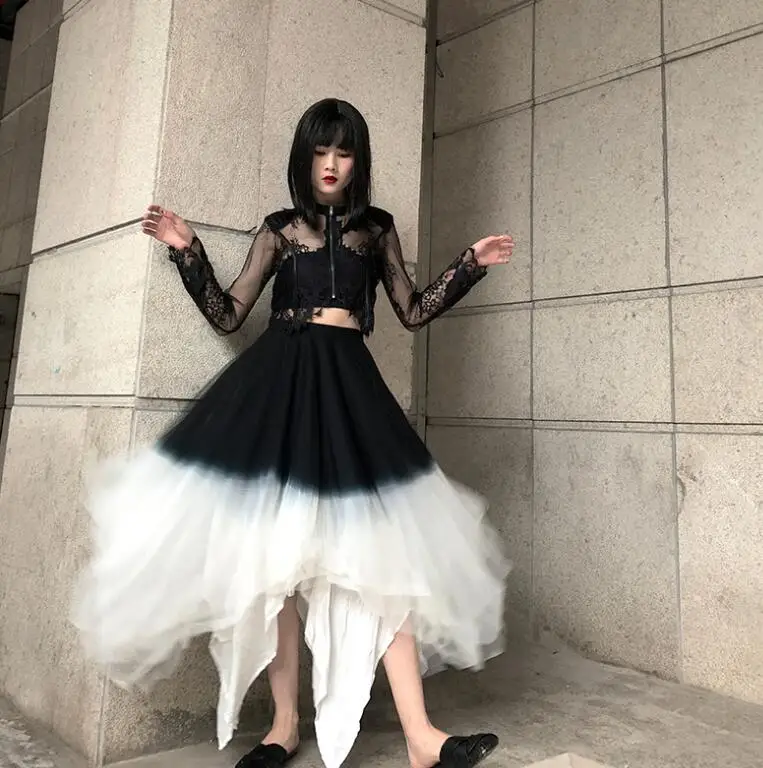 

Юбка Женская весенне-летняя, черно-белая, градиентная, с высокой талией, сетчатая, TB936