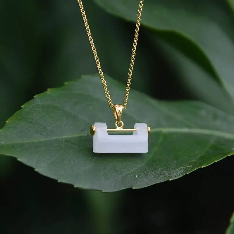 

Natural Hetian Jade White Jade Longevity Lock S925 Sterling Silver Pendant Jade Necklace Gilding Craft Silver Necklace