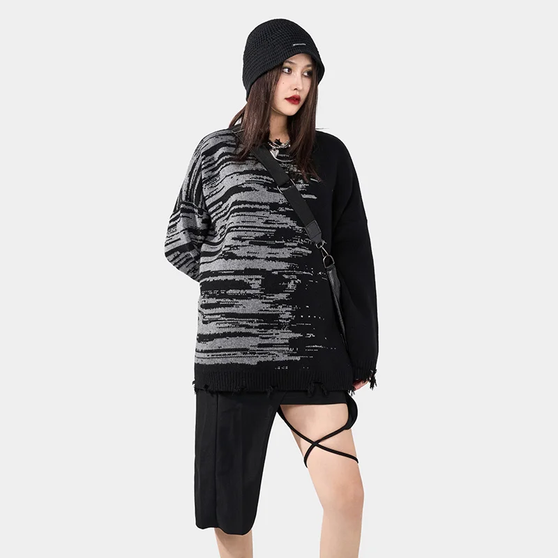 Mens Oversize Harajuku Crew Sweaters Neck Tie Dye Color Block Pullover Streetwear Couple Autumn Sweater Loose Hip Hop Clothes