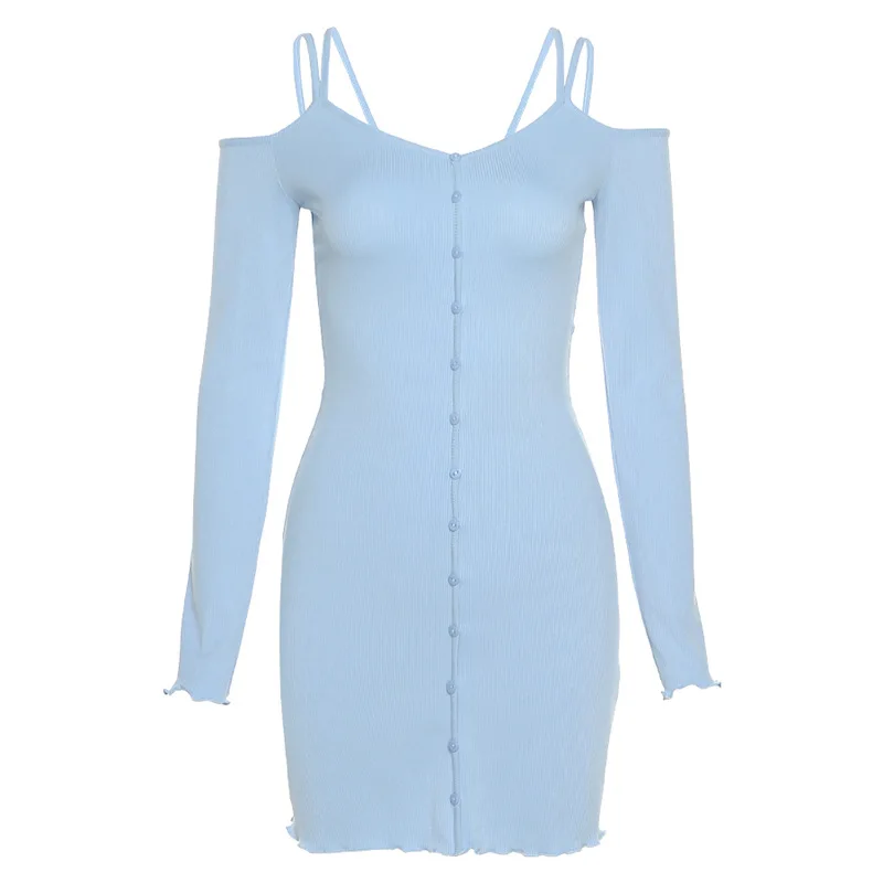 

Long Sleeve Off Shoulder Mini Dress Backless Slim Bodycon Dresses Women Double Straps Single Breast Casual Summer 2021