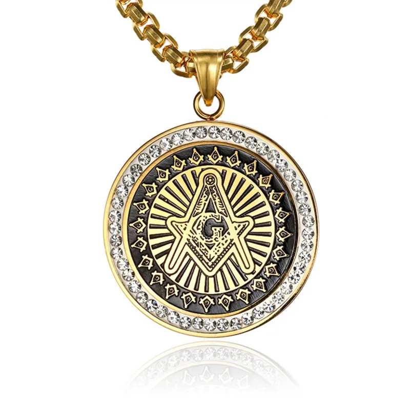 

NEW 40mm Shiny Masonic AG Zircon Stone Round Pendant for Men Stainless Steel Jewelry Religious Pendant Wholesale NE487G