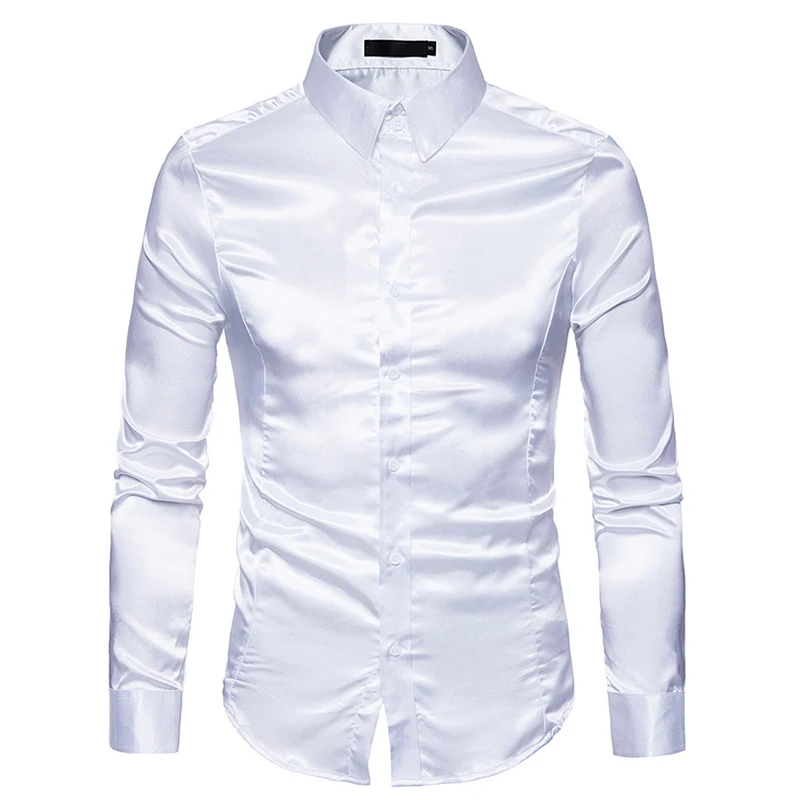 

Richkeda Store New 2021 Mens White Silk Shirt 2021 Fashion Silk Satin Men Social Shirt Casual Slim Fit Long Sleeve Dress Shirts