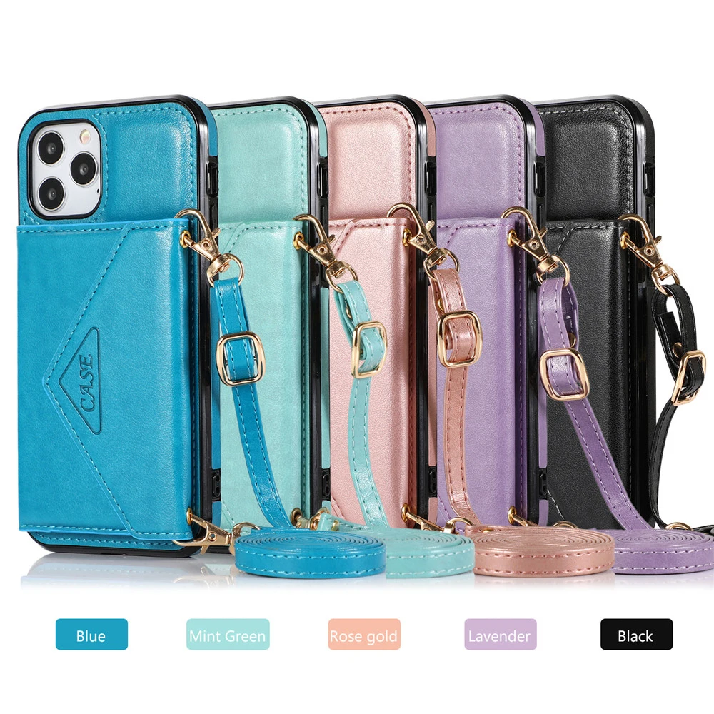 

Long Strap Crossbody Phone Case for iPhone 11 12 Pro Max X XS XR 6S 7 8 Plus SE 2020 Card Holder Wallet Case Shoulder Cord Cover