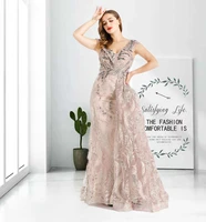 long luxury champagne with train mermaid evening dresses 2021 for women party ho1029