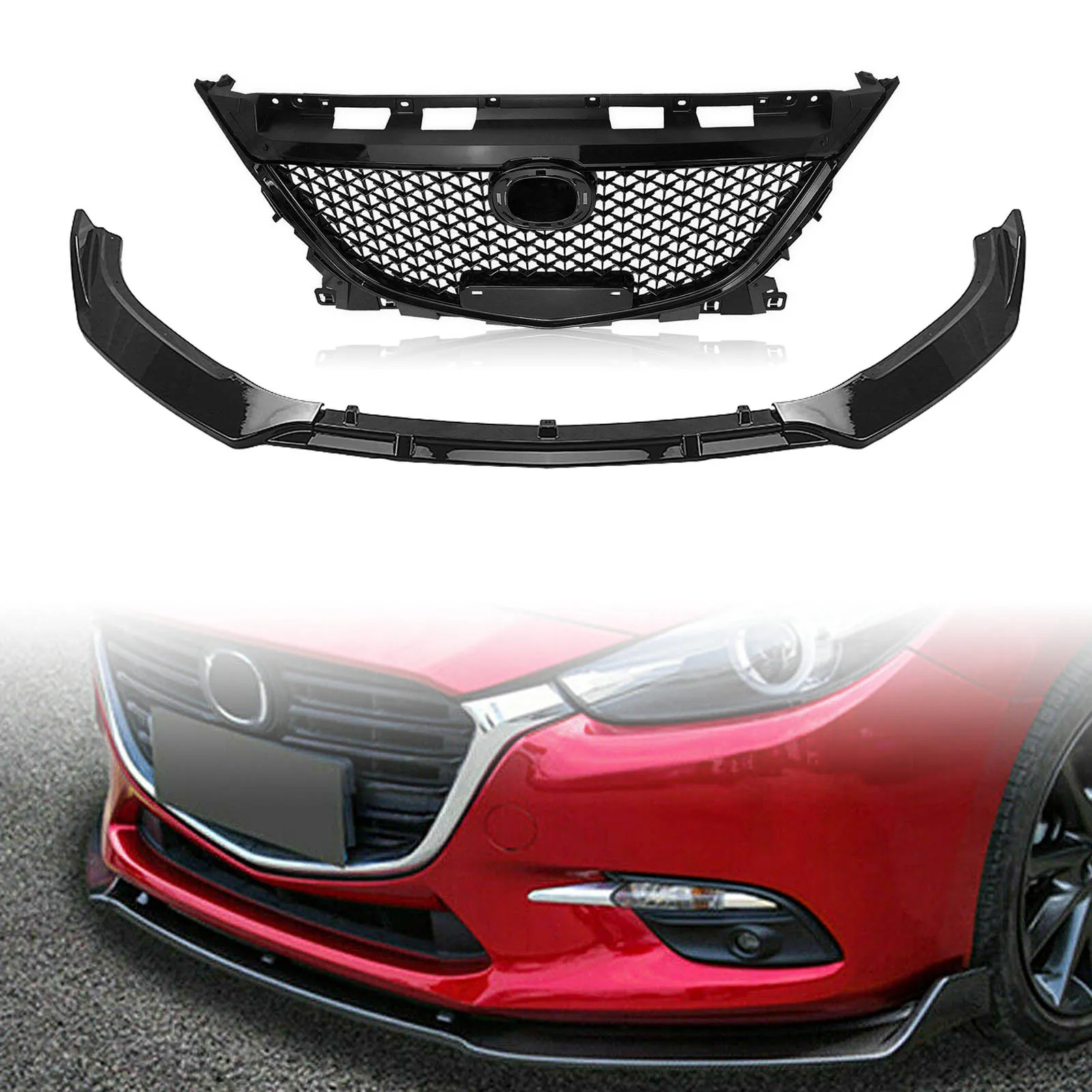 For Mazda 3 Axela 2014-2016 Mazda3 Black Honeycomb Look Upper Grille Grill+Front Lower Spoiler Bumper Lip Car Body Kit Splitter