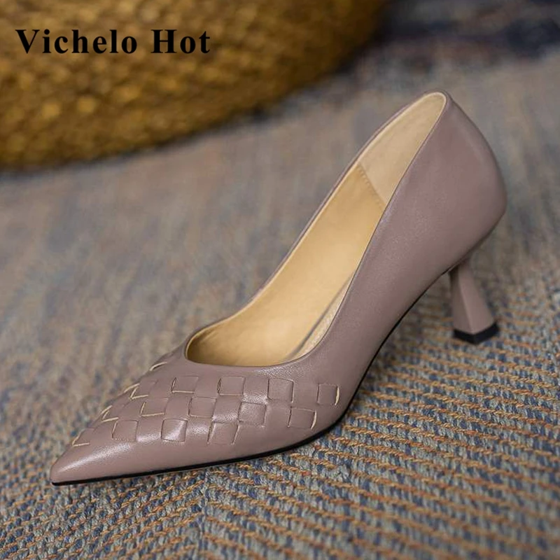 

Vichelo Hot new genuine leather pointed toe shallow strange style lattice sexy dress gentlewomen wedding slip on women pumps L82