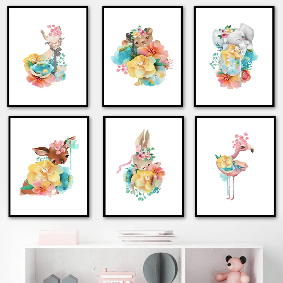 

Rabbit Deer Lion Elephant Cat Flamingo Flower Wall Art Canvas Painting Nordic Posters And Prints Wall Pictures Kids Room Decor