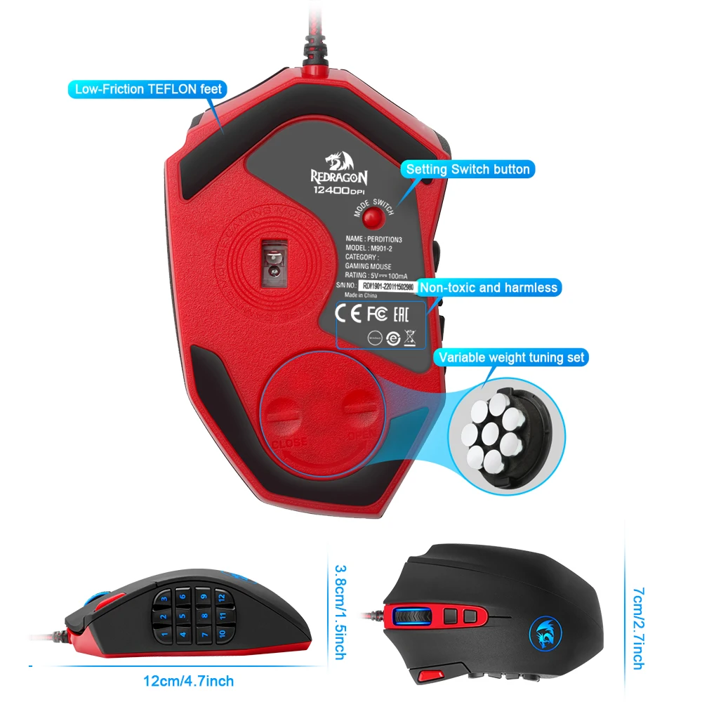 Redragon Perdition M901 USB Проводная игровая мышь 12400 точек/дюйм 19 кнопок программируемые