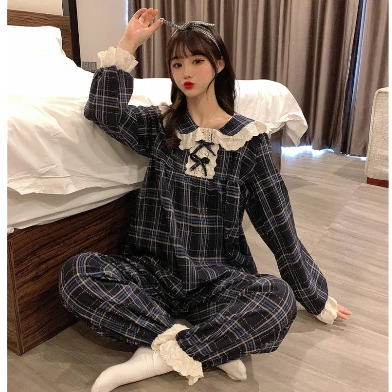 Милый кружевной ретро-Пижамный костюм из двух предметов в клетку с кукольным