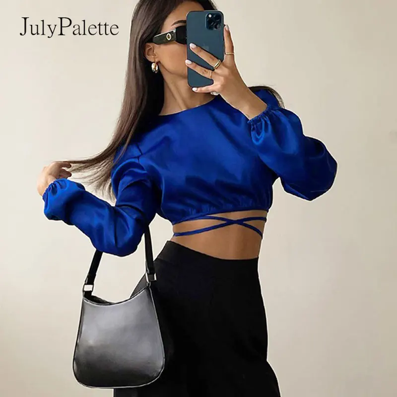 

Julypalette Fashion High street Backless Bandage Short Tops Women Autumn Satin O-neck Long Sleeve Shirt White Black Slim Blouse