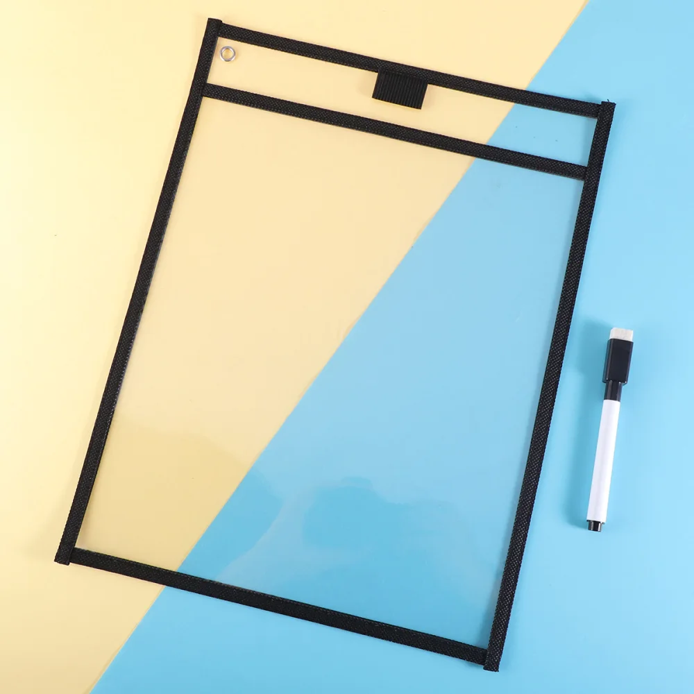 

6PCS Reusable Clear PVC Dry Erase Pockets Sleeves with 6PCS Pens for Office Classroom Organization Teaching Supplies (Black)