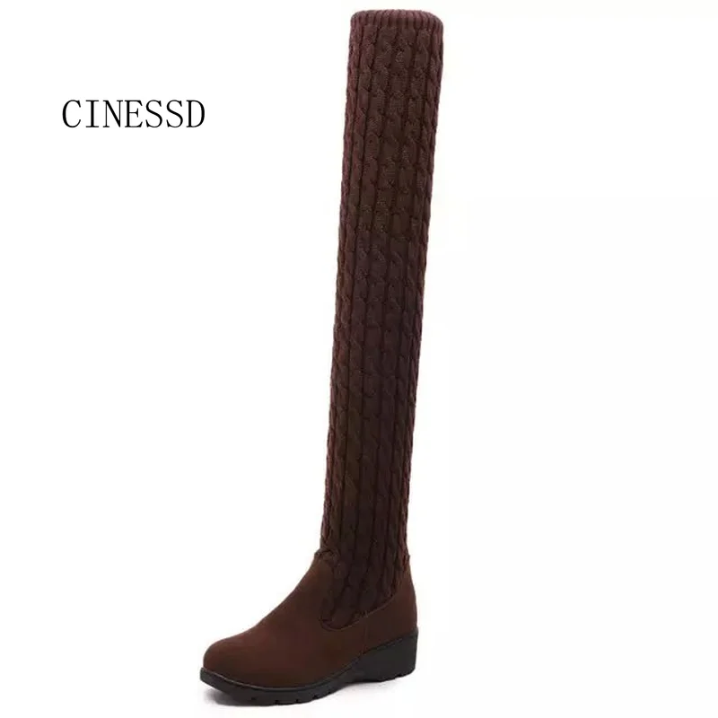 Autumn and Winter 2017 New Women's Boots Knitted Wool High Cylinder Flat Bottom Knee Elasticity Martin Wholesale | Обувь