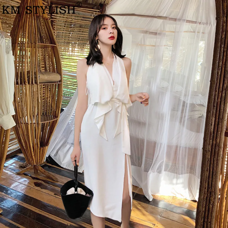 

Women Dress Summer 2019 New Australia Brand Mi sha Collection Halter Backless Deep V Split White Strap Irregular One-piece Dress