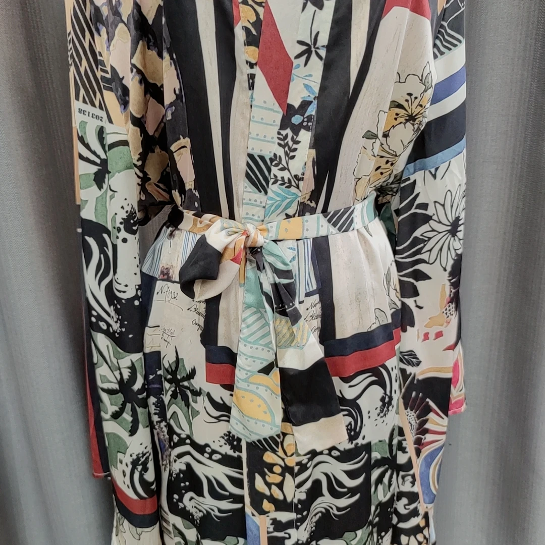 

2021 Women's Shirt Oversize Black Patchwork Kimono Long Blouses Women Casual Summer Beach Belt Batwing Long Sleeve Shirt