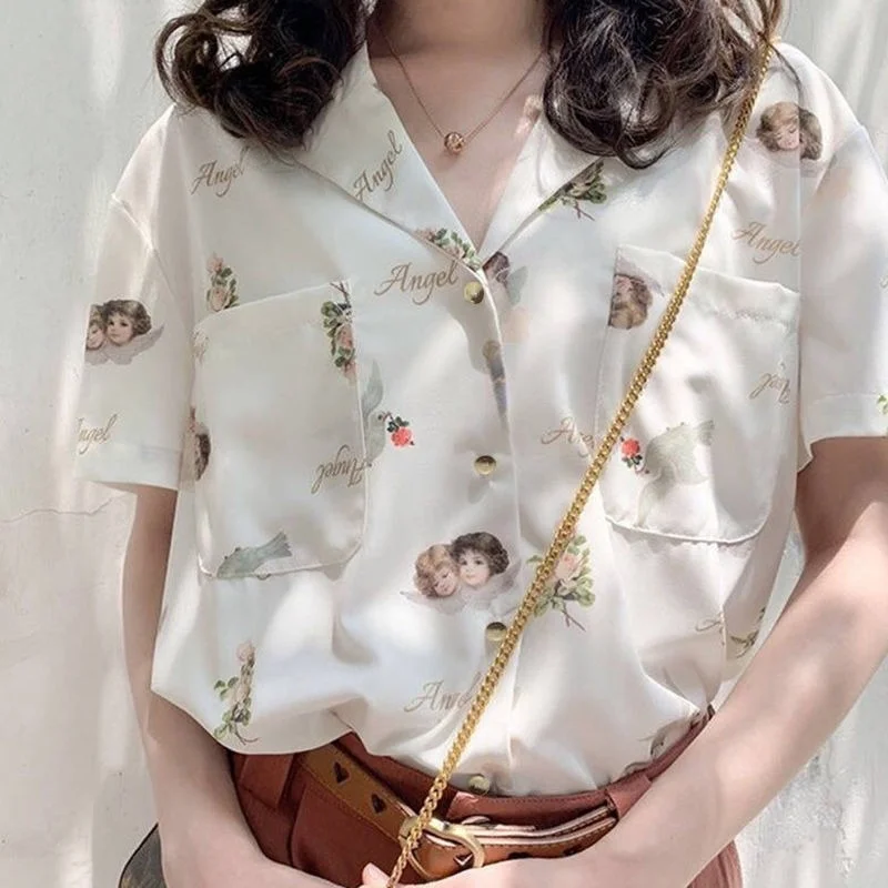 

Deeptown Angle Pattern Print Blouse Women Vintage Womens Shirt Summer White Leisure Loose Tops Women Fashion Shirts
