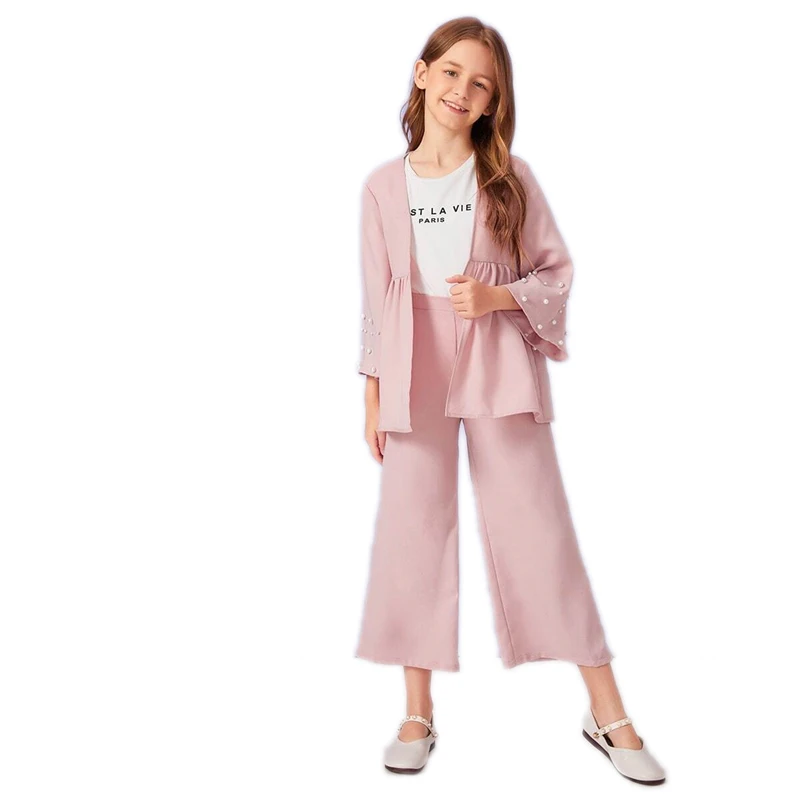 SHEIN Kiddie/розовое пальто с манжетами и широкими штанинами для девочек, комплект детской одежды г., Осенний повседневный костюм с длинными рукавами и оборками