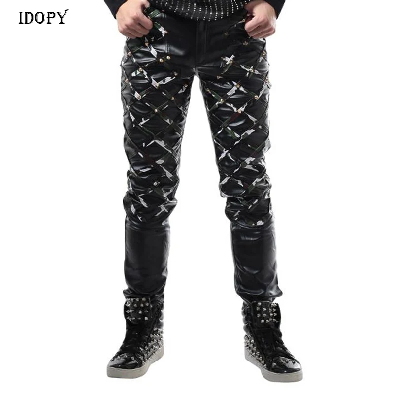 Брюки Idopy в стиле панк для ночного клуба бара Dj мужские камуфляжные кожаные брюки