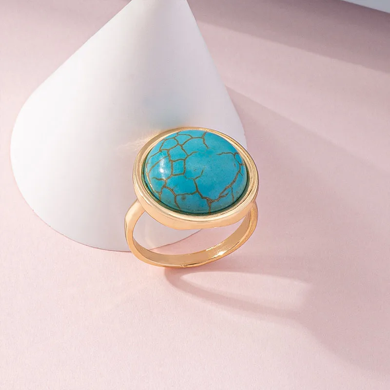 

2022 Fashion Simple Creative Vintage Geometric Round Natural Texture Turquoise Metal Ring For Women Party Jewelry Gifts Hot Sale