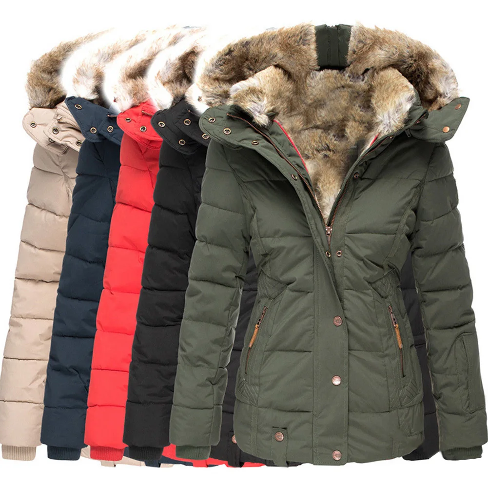 

Winter Fashion Women Solid Color Slim Cotton Coat Faux Fur Collar Down Jacket