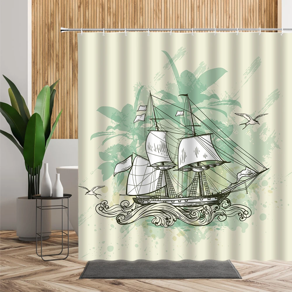 3D занавеска для душа в скандинавском стиле ручная роспись компас парусник
