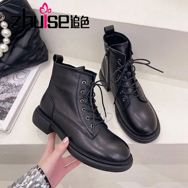 

Женские сапоги для верховой езды из первого слоя воловьей кожи, новинка осень-зима 2021, кожаные ботильоны с круглым носком и боковой молнией, ...