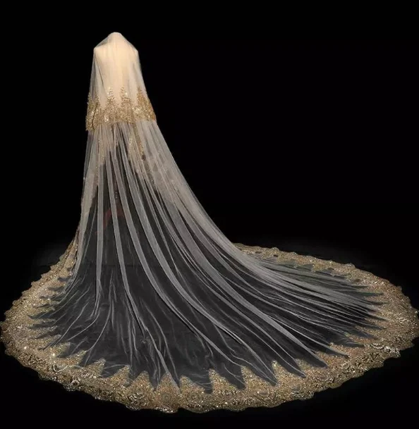 Свадебная фата собора с золотыми кружевами и блестками-свадебная Золотая Фата