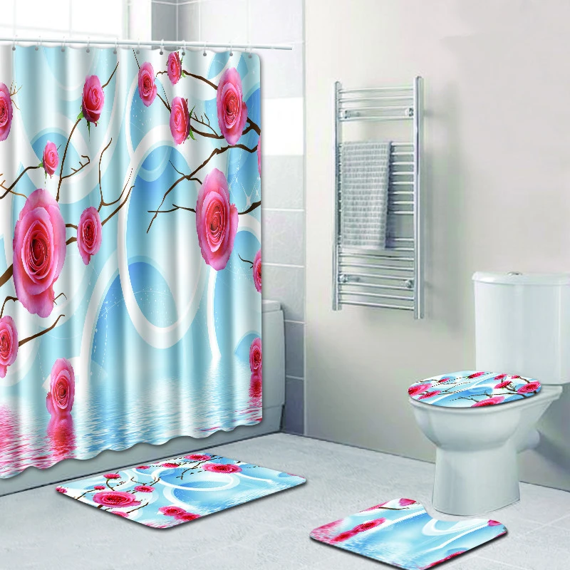 Фото Набор из 4 цветочных ковриков для ванной и душевой занавески коврик ног в ванную