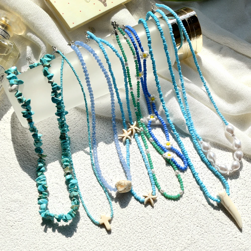 

Blue Crystal Seed Bead Choker Pearl Natural Stone Chips Pendant Women Beach Travel Bohemian Necklaces