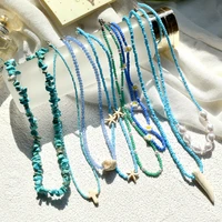 blue crystal seed bead choker pearl natural stone chips pendant women beach travel bohemian necklaces