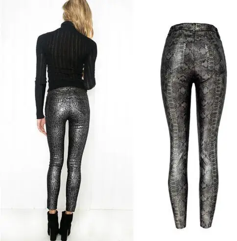 Женские сексуальные брюки из искусственной кожи золотого и серебряного цвета со змеиным принтом