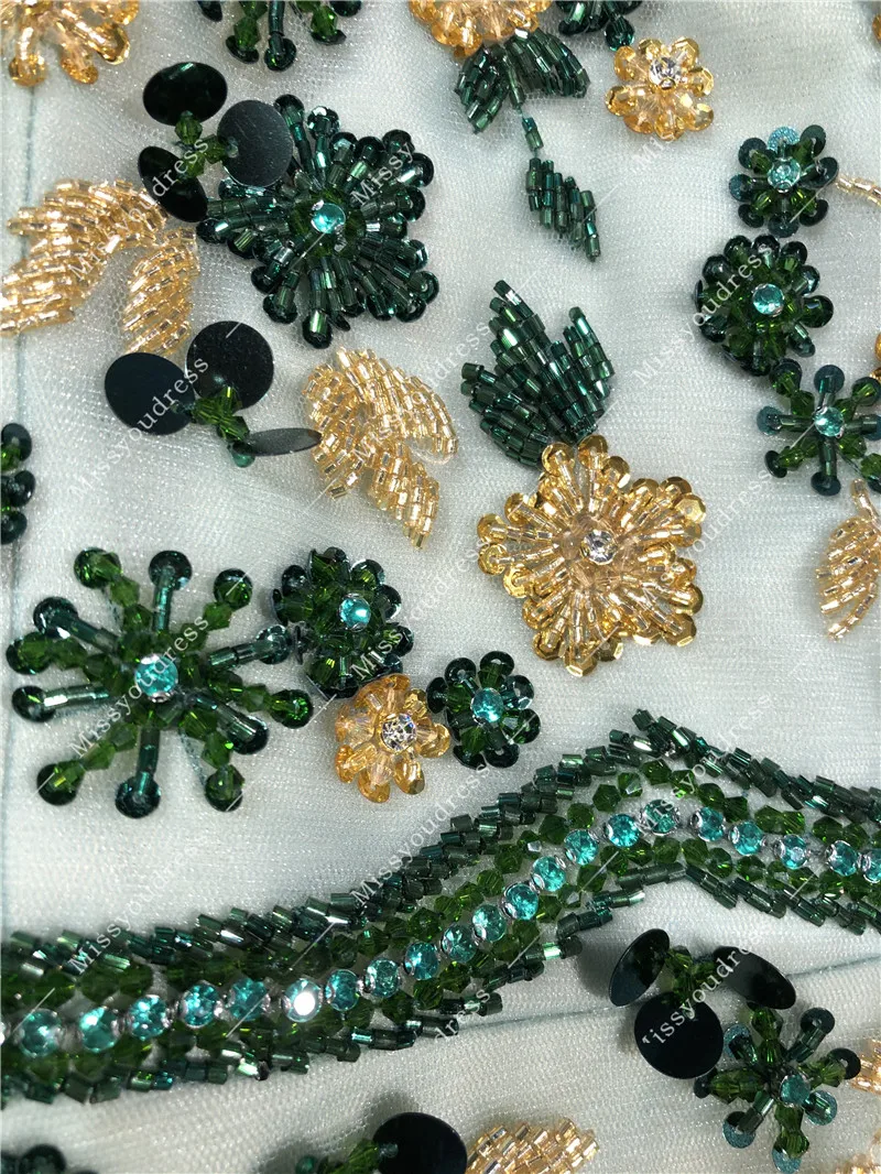 Green and Gold Color Heavy Beads Real Photos A-line V-neck Sleeveless Floor Length Party Prom Dancing Women Evening Dresses Gown