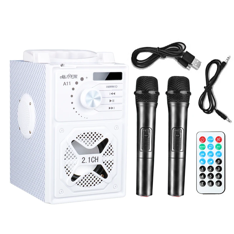 white with 2 mic Караоке беспроводной динамик 3D объемный звук многофункциональная bluetooth акустическая система сабвуфер микрофоны держатель телефона 2500 мАч - Color: white with 2 mic
