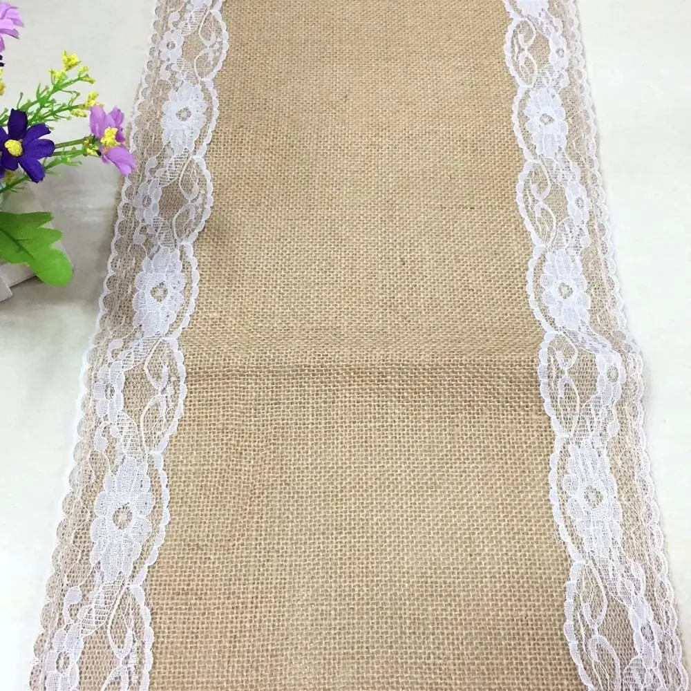 

Burlap Jute Linen Table Runner for Party Wedding Christmas Restaurant Dining Room Decor Retro Vintage Lace Tablecloth Non-slip