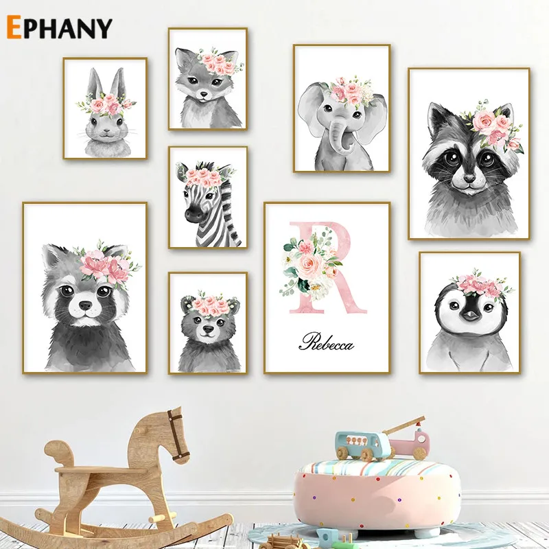 

Personalized Print Poster Baby Name Custom Canvas Painting Nursery Pink Flowers Animal Wall Pictures for Girls Room Decor