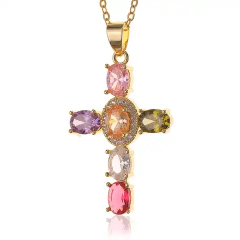 Ожерелье с кулоном в виде креста на ногу из натуральной меди с золотым покрытием и красочным цирконием для женщин и мужчин, Длинное колье-чо...