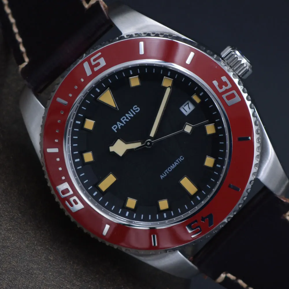 Parnis 43mm Black dial Brown leather strap automatic men's fashion casual mechanical watch | Наручные часы