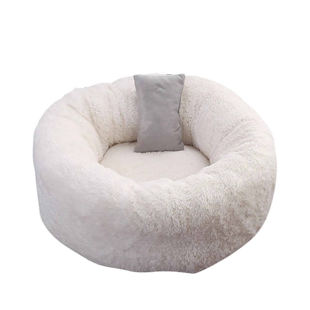 White with pillow Новая кровать для питомца собаки кошки круглые плюшевые кровати для Кошки Мягкая длинная плюшевая кровать для кошки круглая кровать для питомца собаки зимняя теплая кровать с подушкой - Цвет: White with pillow
